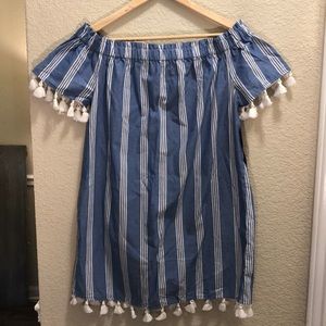 Blue Striped Hint of Blush Off the Shoulder Dress